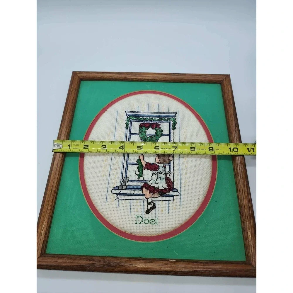 Vintage Christmas Cross Stitch Framed Wall Art Noel Girl in Window Wood Frame